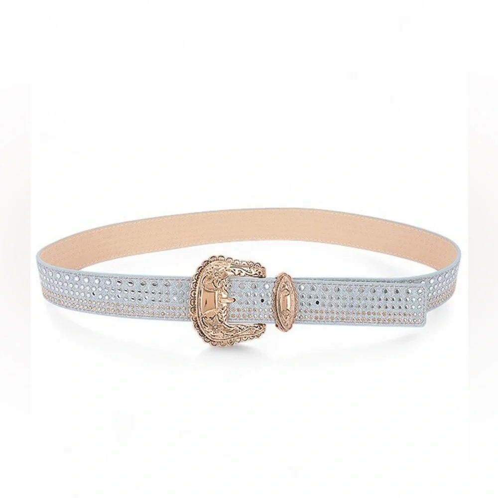 Blue Rhinestone Western Statement Belt with Gold or Silver Buckle